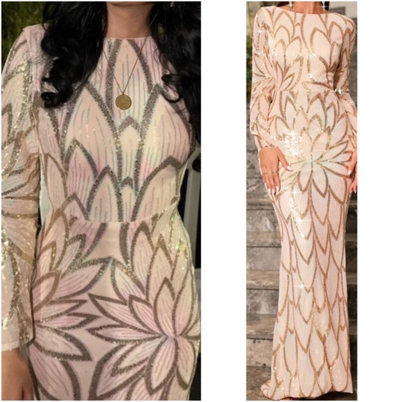 Luxe Sequin Low Back Long Sleeve Formal Evening Party Wedding Dress - Picture 4 of 12